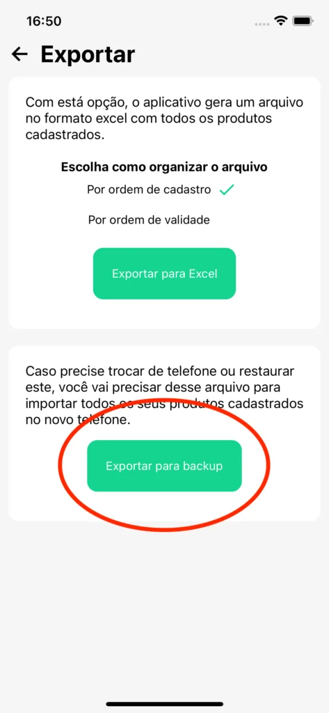 Botão Exportar para Backup