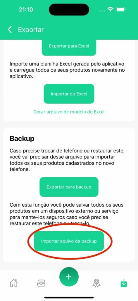 Botão Importar Arquivo de Backup